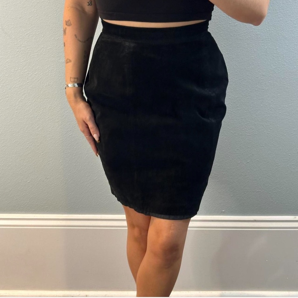Vintage Genuine Leather Black Suede The Limited Classic Pencil Skirt